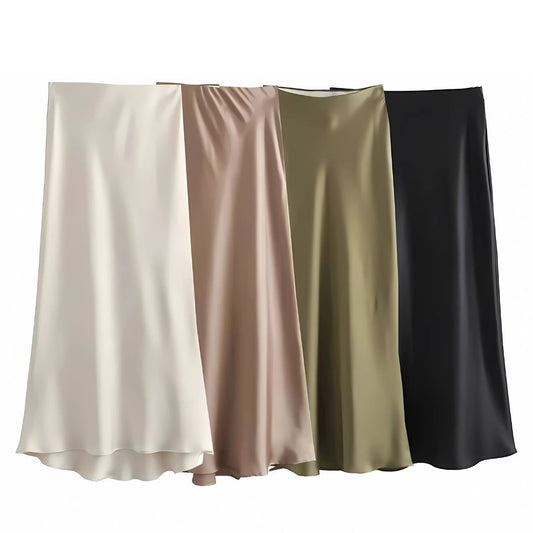 Veloura Elegant High-Waist Satin Midi Skirt