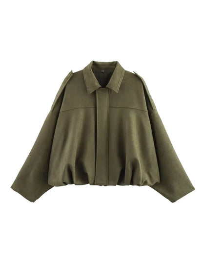 ETJ 2025 TRAF Spring new women's suede texture effect Loose version of fashion lapel shoulder bomber jacket