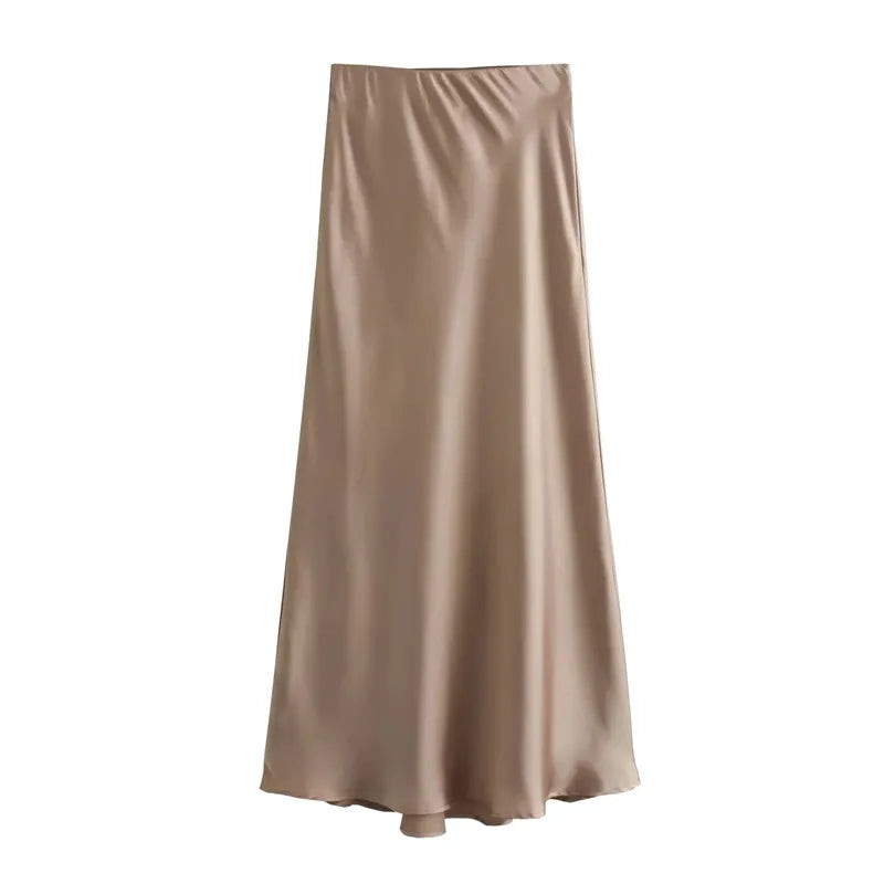 Veloura Elegant High-Waist Satin Midi Skirt