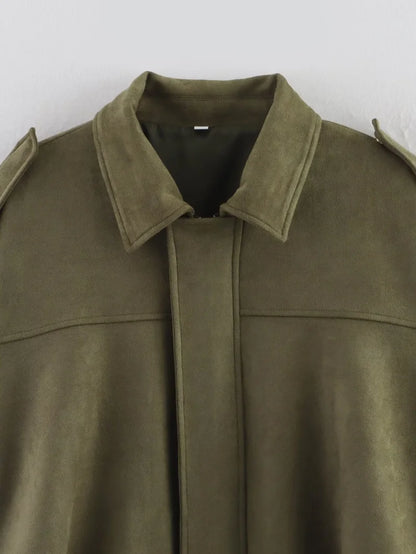 ETJ 2025 TRAF Spring new women's suede texture effect Loose version of fashion lapel shoulder bomber jacket