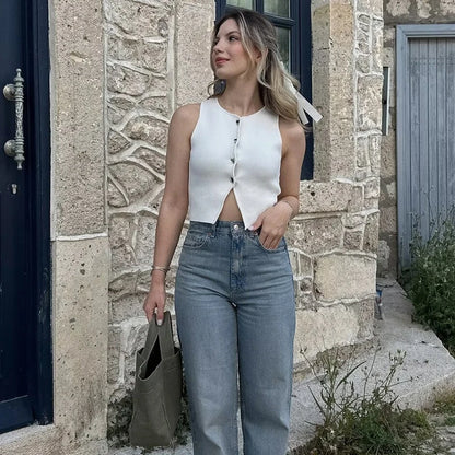 MUJER White Knit Crop Top Women Button Short Tops Woman 2025 Summer Tanks Camis Tops for Women Streetwear Vest Tank Top Female