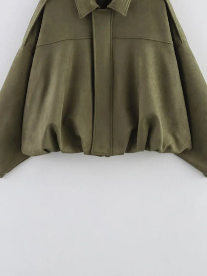 ETJ 2025 TRAF Spring new women's suede texture effect Loose version of fashion lapel shoulder bomber jacket