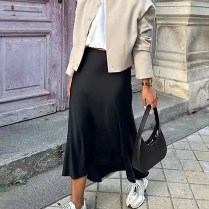 Veloura Elegant High-Waist Satin Midi Skirt