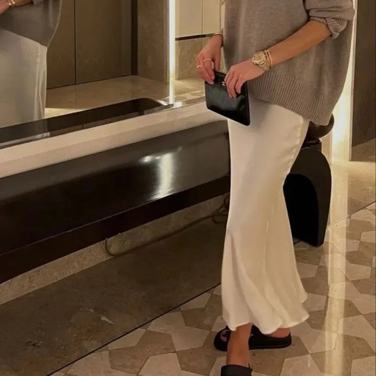 Veloura Elegant High-Waist Satin Midi Skirt